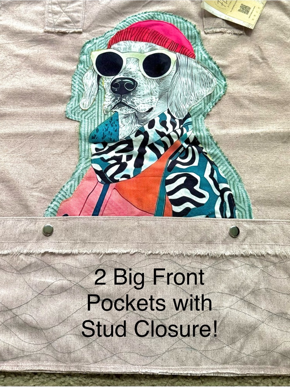 Handmade Oversized Cotton Canvas Tote Pop Art Dog Graphic Patch Boho Artisan Bag - Picture 7 of 11